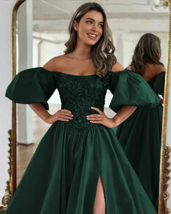 A-Line Off The Shoulder Taffeta Prom Dress With Short Puffy Sleeves – Prom Dress by KissProm | Available at KissProm