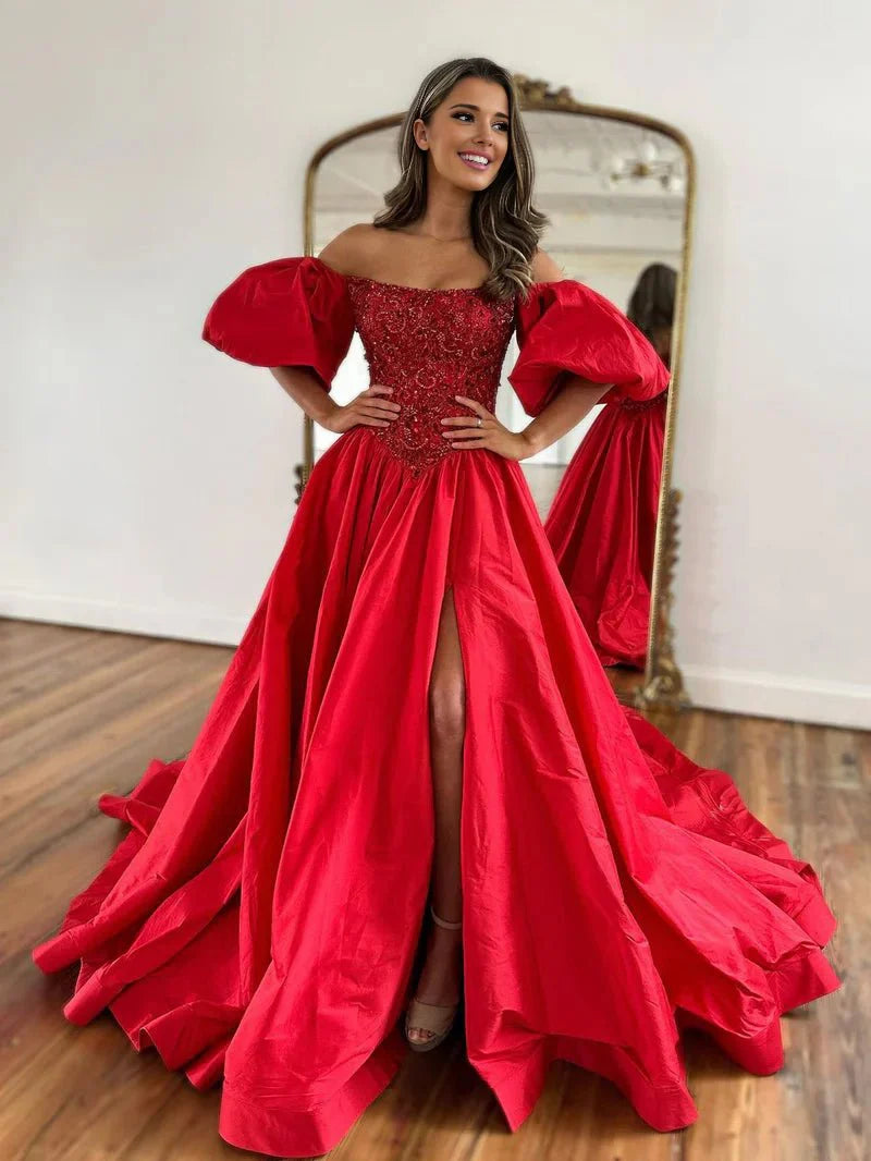 A-Line Off The Shoulder Taffeta Prom Dress With Short Puffy Sleeves – Prom Dress by KissProm | Available at KissProm