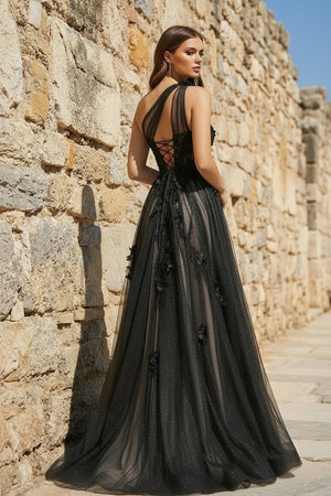 A Line One Shoulder Black Long Prom Dress with Appliques – Prom Dress by KissProm | Available at KissProm