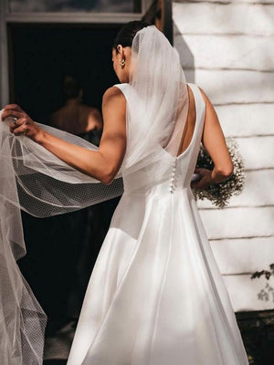 Simple A-Line Square Neck White Satin Wedding Dresses – Wedding Dresses by Kissprom | Available at KissProm