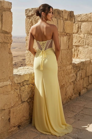 Yellow Sweetheart Sheath Pleated Long Prom Dresses With Slit – Prom Dress by KissProm | Available at KissProm