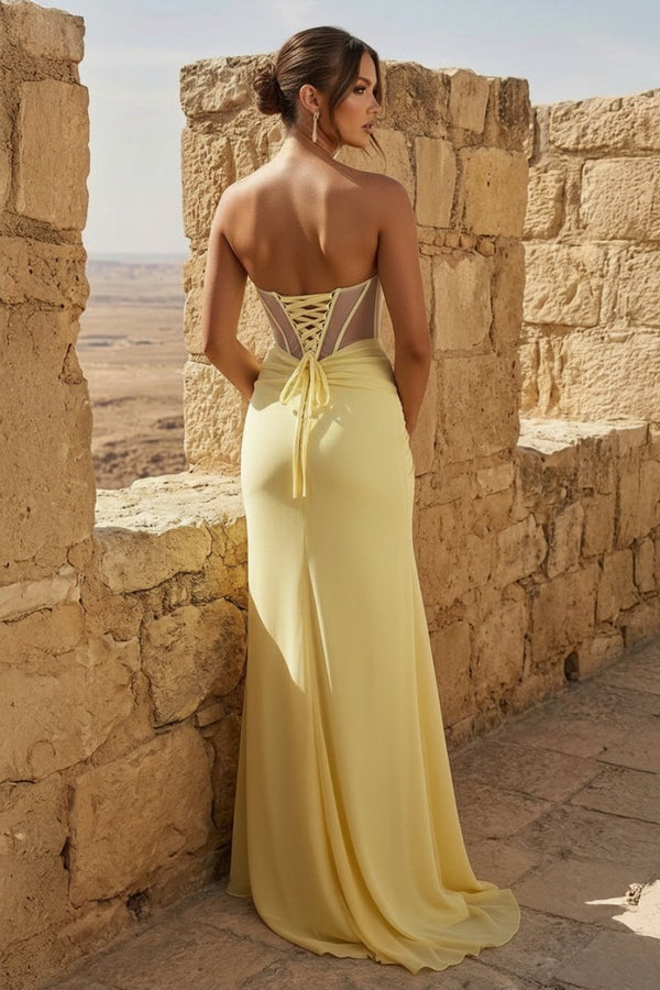 Yellow Sweetheart Sheath Pleated Long Prom Dresses With Slit – Prom Dress by KissProm | Available at KissProm