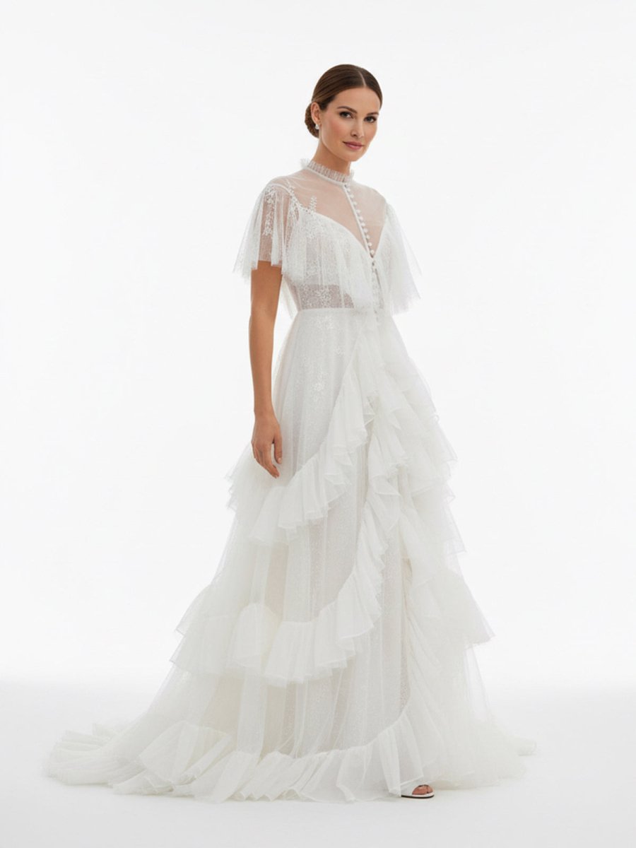 High Split A - Line See - through Short Sleeves Ruffle Tulle Wedding Dresses - KissProm