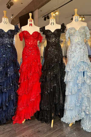 Sheath Off the Shoulder Long Lace Prom Dress (Lace-up Back) – Prom Dress by KissProm | Available at KissProm