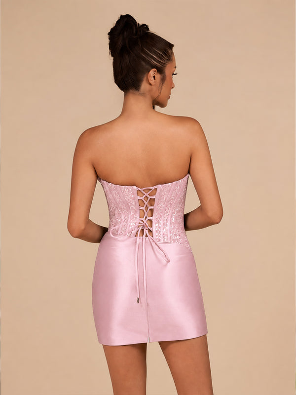 Pink - Strapless Bodycon Satin Pleated Short Homecoming & Cocktail Dresses With Beading