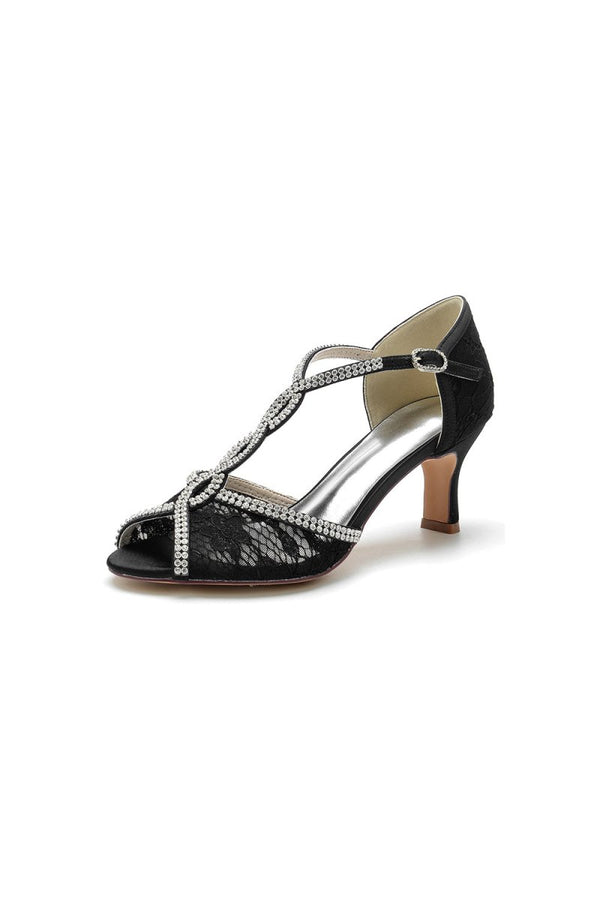 Ivory Leather Heels Adorned with Lace and Rhinestone Accents - KissProm