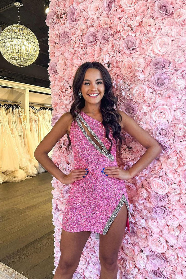Sparkly Black One Shoulder Bodycon Sequins Short Homecoming Dress