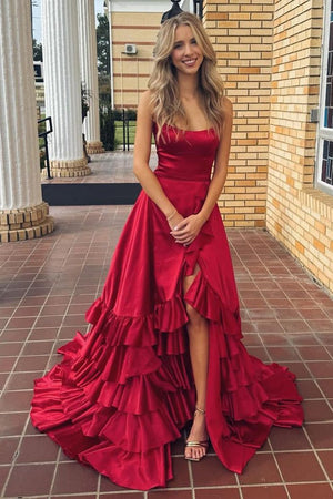 Spaghetti Straps A Line Lace-Up Ruffle Tiered Red Prom Dress with Slit – Prom Dresses by KissProm | Available at KissProm
