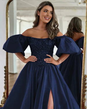A-Line Off The Shoulder Taffeta Prom Dress With Short Puffy Sleeves – Prom Dress by KissProm | Available at KissProm