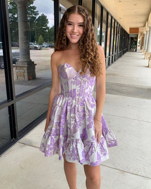 Thora | A-Line Strapless Blue Satin Short Homecoming Dresses