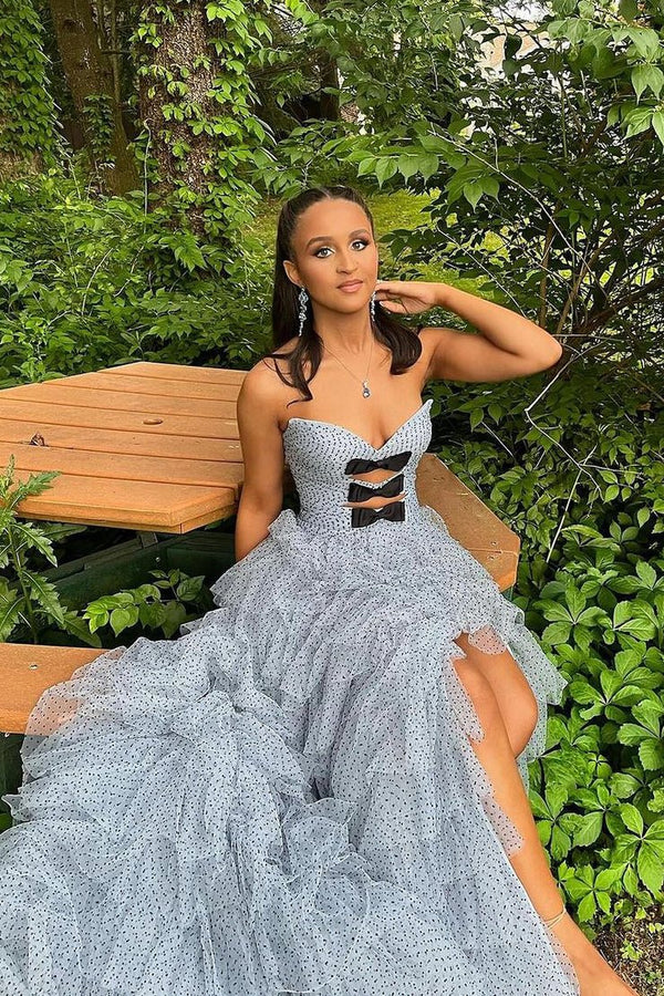 Polka Dot Strapless Ruffle Tiered Prom Gown with Keyholes – Prom Dress by KissProm | Available at KissProm