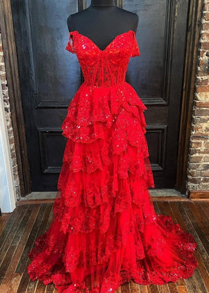 A-Line Lace Off-the-Shoulder Tiered Long Prom Dress with Slit – Prom Dress by KissProm | Available at KissProm