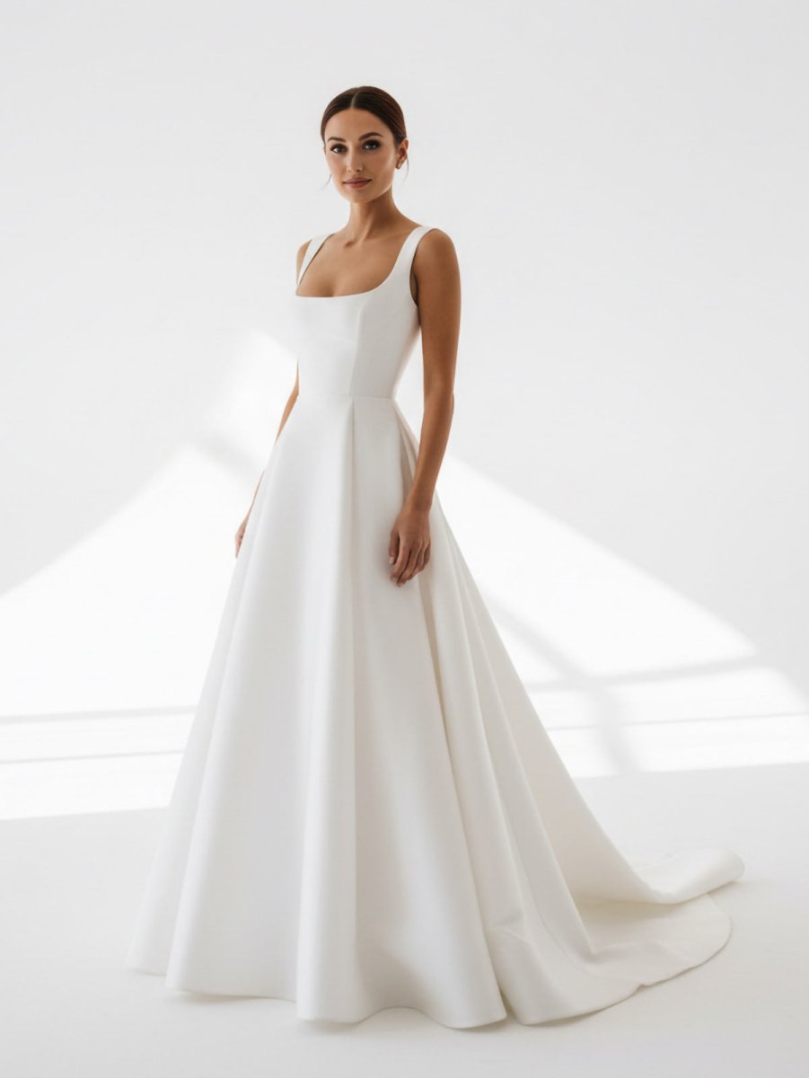 Simple A-Line Square Neck White Satin Wedding Dresses – Wedding Dresses by Kissprom | Available at KissProm