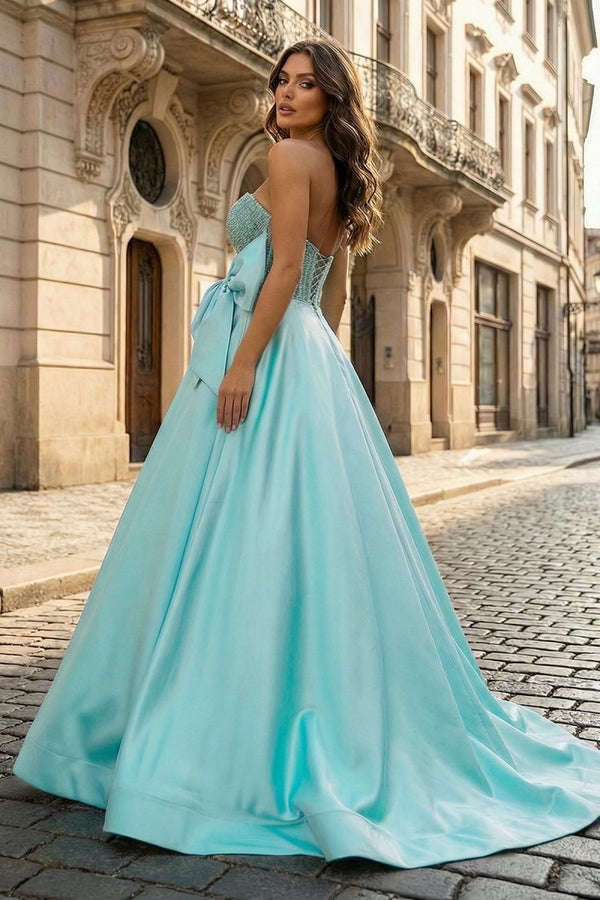 A - Line Sweetheart Lilac Beaded Long Prom Dresses With Bow - KissProm