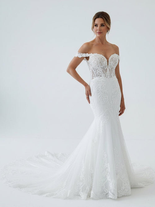 White Long Tulle Mermaid Wedding Dress with Lace Appliques – Wedding Dress by KissProm | Available at KissProm