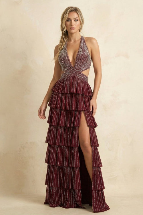 Burgundy - A-Line Halter Satin Beaded Long Prom Dresses With Ruffles – Prom Dresses by KissProm | Available at KissProm