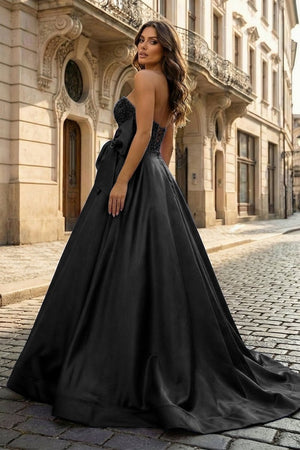 A - Line Sweetheart Lilac Beaded Long Prom Dresses With Bow - KissProm