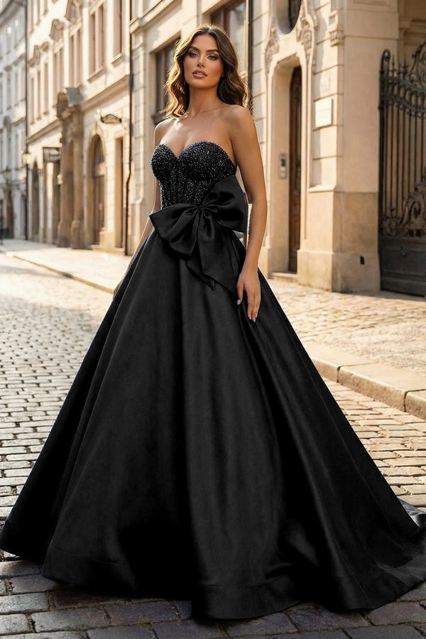 A - Line Sweetheart Lilac Beaded Long Prom Dresses With Bow - KissProm