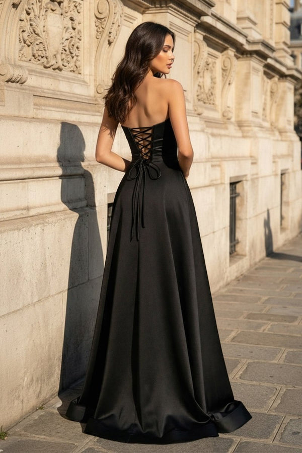 A Line Black Strapless Satin Prom Dresses With Slit – Prom Dress by KissProm | Available at KissProm