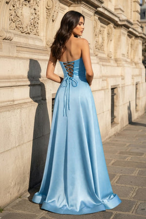 A Line Black Strapless Satin Prom Dresses With Slit – Prom Dress by KissProm | Available at KissProm