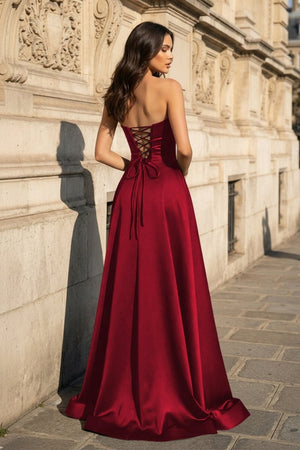 A Line Black Strapless Satin Prom Dresses With Slit – Prom Dress by KissProm | Available at KissProm