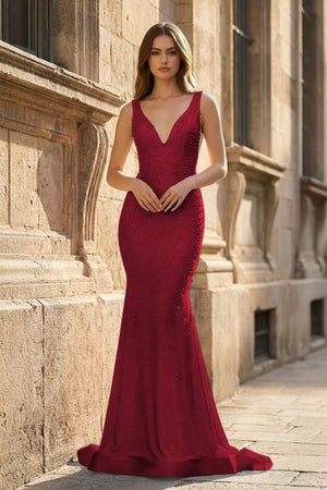 Pink V Neck Mermaid Satin Long Prom Dresses With Pearls – Prom Dress by KissProm | Available at KissProm