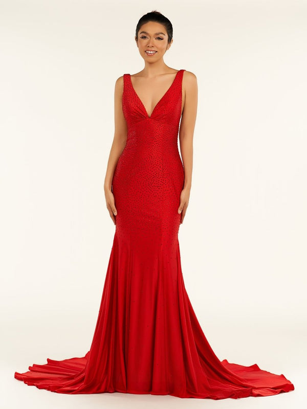 Mermaid Deep V-Neck Beaded Satin Long Prom Dress – Prom Dress by KissProm | Available at KissProm