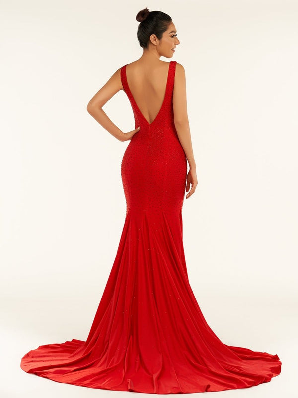 Mermaid Deep V-Neck Beaded Satin Long Prom Dress – Prom Dress by KissProm | Available at KissProm