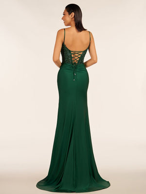 Green V Neck Beading Satin Long Slit Prom Dresses – Prom Dresses by KissProm | Available at KissProm