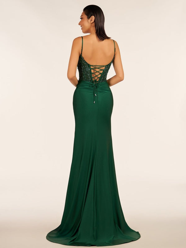 Green V Neck Beading Satin Long Slit Prom Dresses – Prom Dresses by KissProm | Available at KissProm