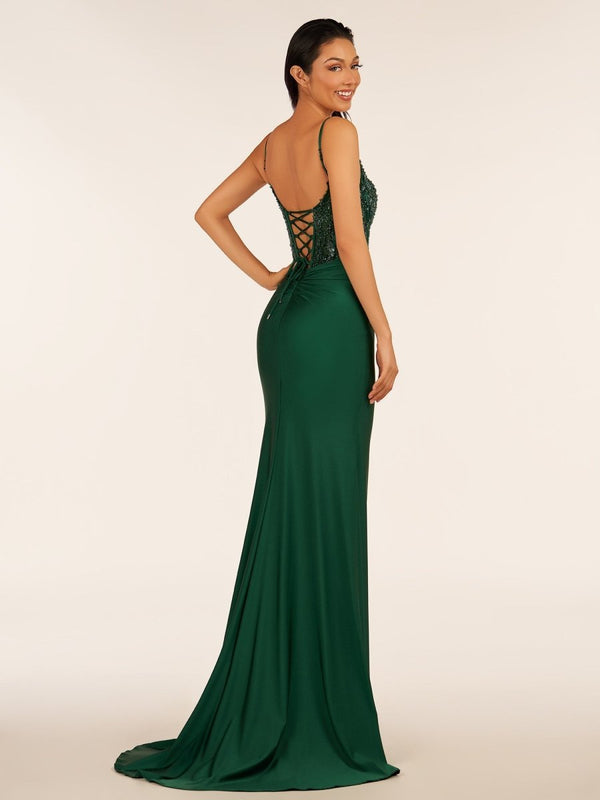Green V Neck Beading Satin Long Slit Prom Dresses – Prom Dresses by KissProm | Available at KissProm