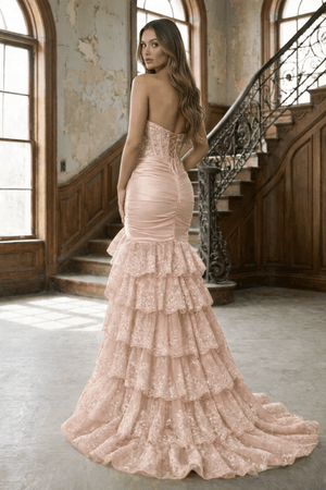 Red Strapless Sweetheart Mermaid Pleated Layered Long Prom Dress With Slit – Prom Dresses by KissProm | Available at KissProm