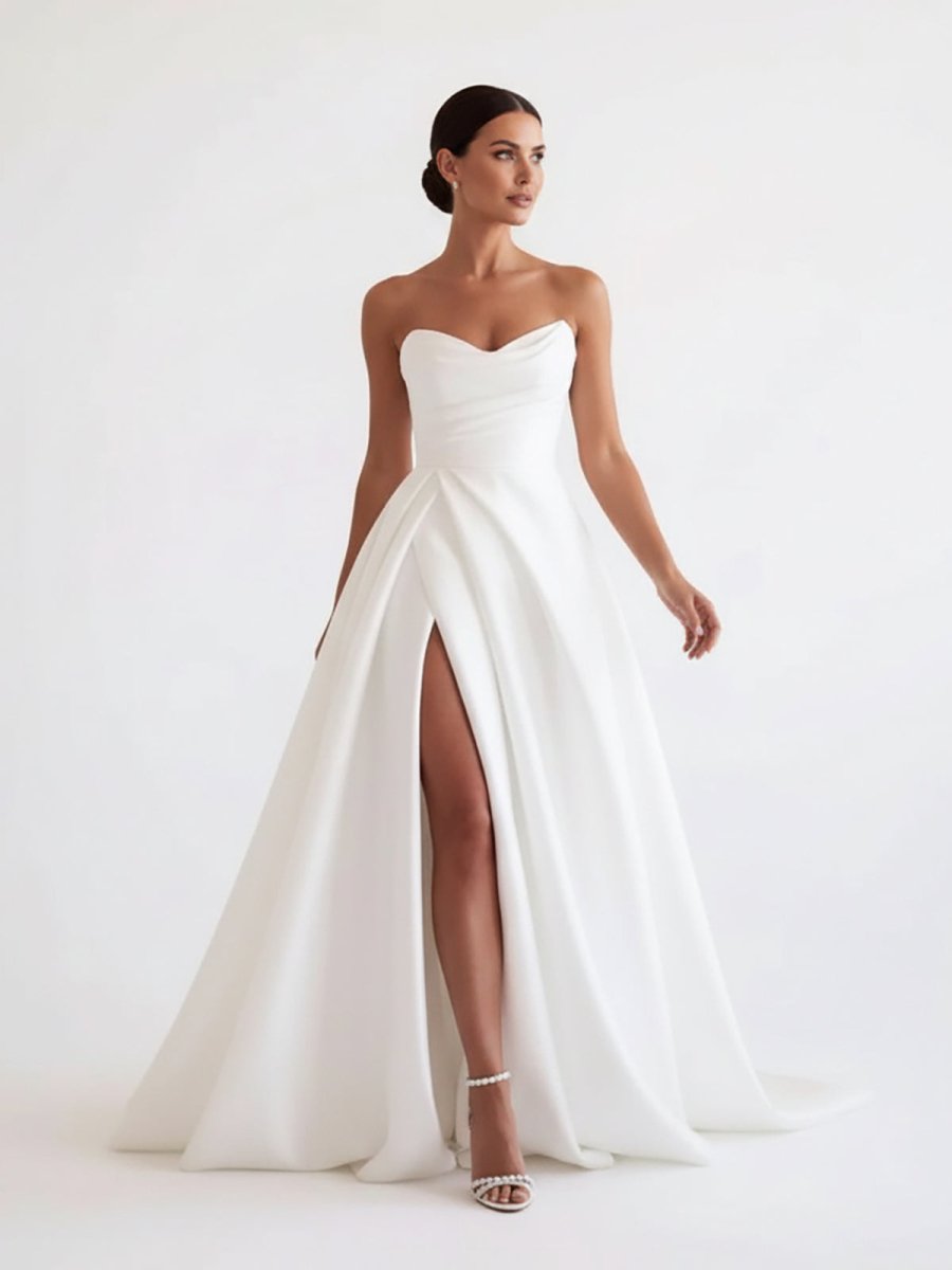 A-Line White Sleeveless Satin Wedding Dress With Side Slit – Wedding Dress by KissProm | Available at KissProm