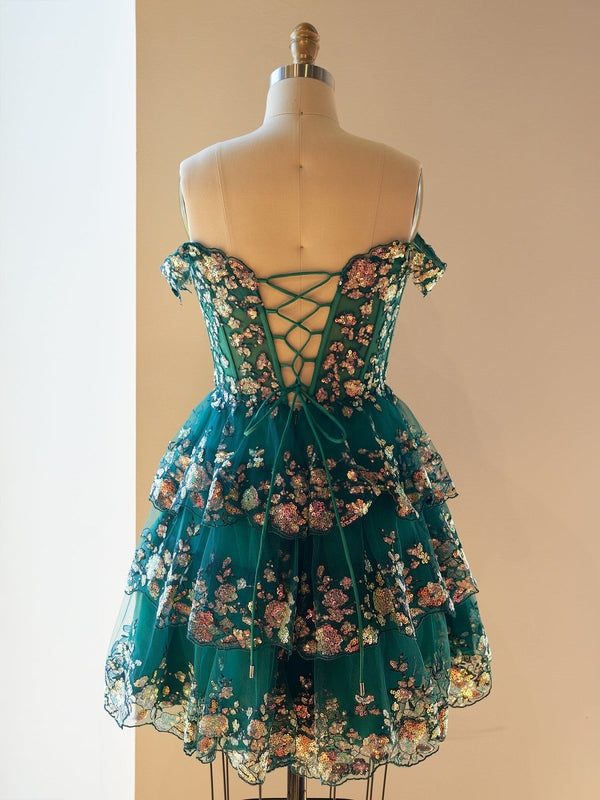 Everly | Green - A-Line Sweetheart Tiered Short Homecoming Dress