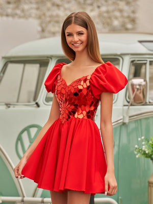 Galatea | A-Line Short Red Cut-Glass Sweetheartg Dress