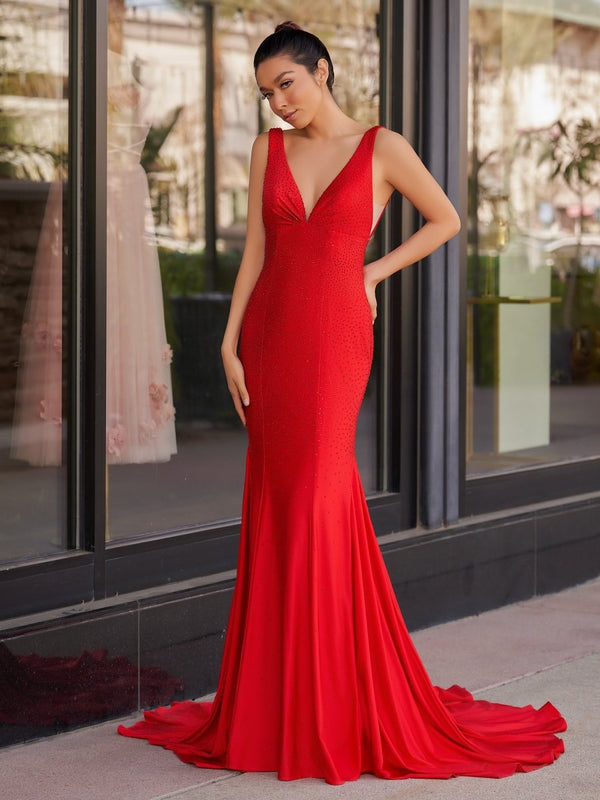 Mermaid Deep V-Neck Beaded Satin Long Prom Dress – Prom Dress by KissProm | Available at KissProm