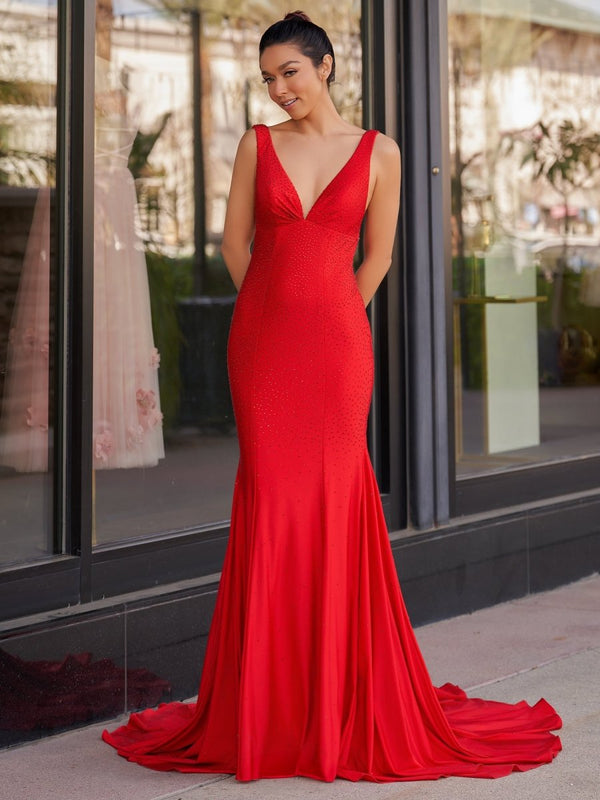 Mermaid Deep V-Neck Beaded Satin Long Prom Dress – Prom Dress by KissProm | Available at KissProm