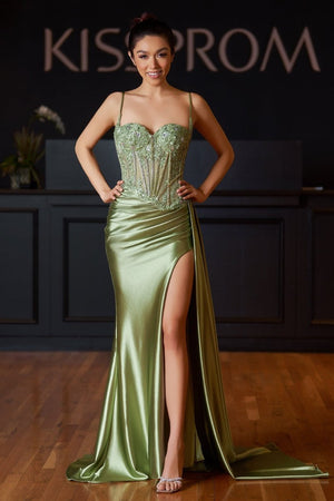 Silver Spaghetti Straps Mermaid Appliqued Prom Dress With Split – Prom Dress by KissProm | Available at KissProm