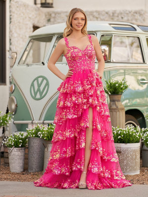A-Line Lace Off-the-Shoulder Tiered Long Prom Dress with Slit – Prom Dress by KissProm | Available at KissProm