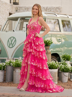 A-Line Lace Off-the-Shoulder Tiered Long Prom Dress with Slit – Prom Dress by KissProm | Available at KissProm