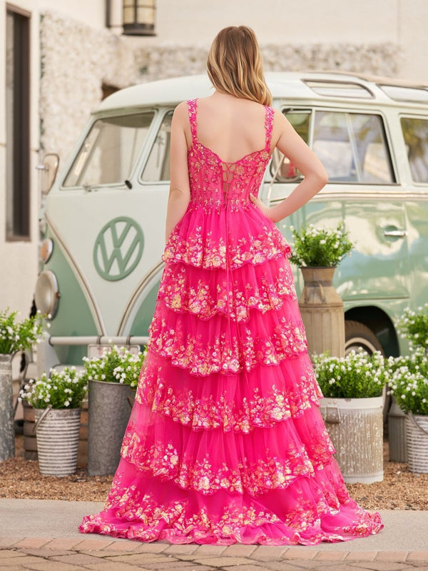A-Line Lace Off-the-Shoulder Tiered Long Prom Dress with Slit – Prom Dress by KissProm | Available at KissProm