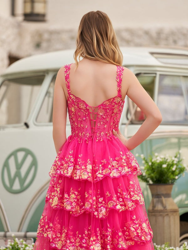 A-Line Lace Off-the-Shoulder Tiered Long Prom Dress with Slit – Prom Dress by KissProm | Available at KissProm