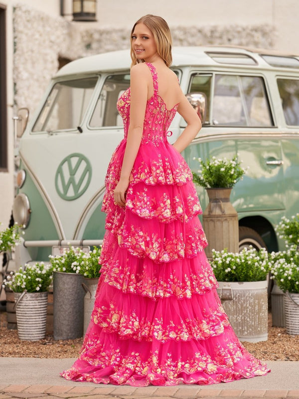 A-Line Lace Off-the-Shoulder Tiered Long Prom Dress with Slit – Prom Dress by KissProm | Available at KissProm