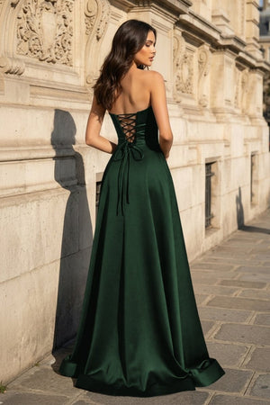 A Line Black Strapless Satin Prom Dresses With Slit – Prom Dress by KissProm | Available at KissProm