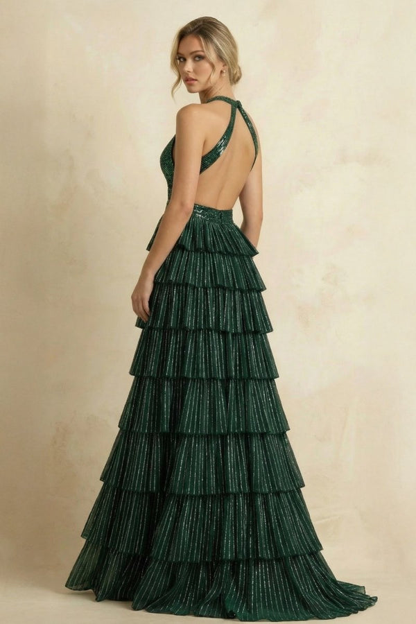Dark Green - A - Line Halter Satin Beaded Long Prom Dresses With Ruffles - KissProm