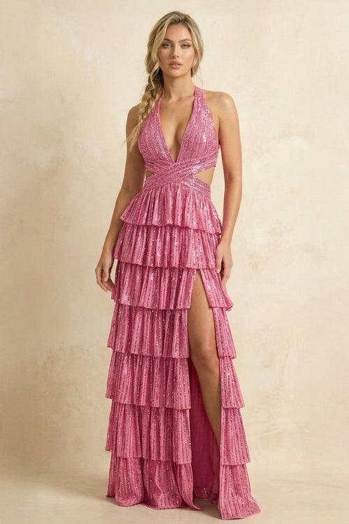 Dusty Pink - A - Line Halter Satin Beaded Long Prom Dresses With Ruffles - KissProm