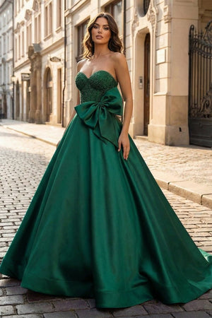 A - Line Sweetheart Lilac Beaded Long Prom Dresses With Bow - KissProm