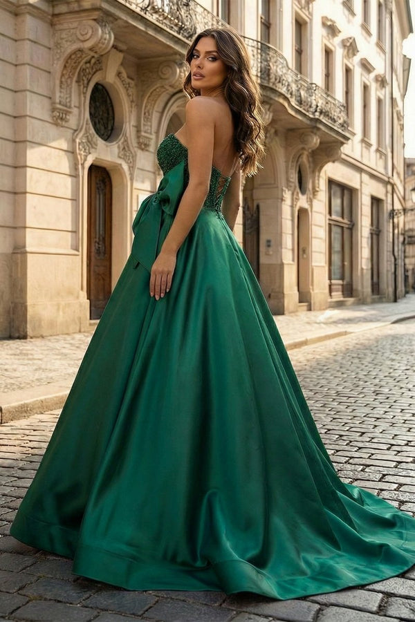 A - Line Sweetheart Lilac Beaded Long Prom Dresses With Bow - KissProm