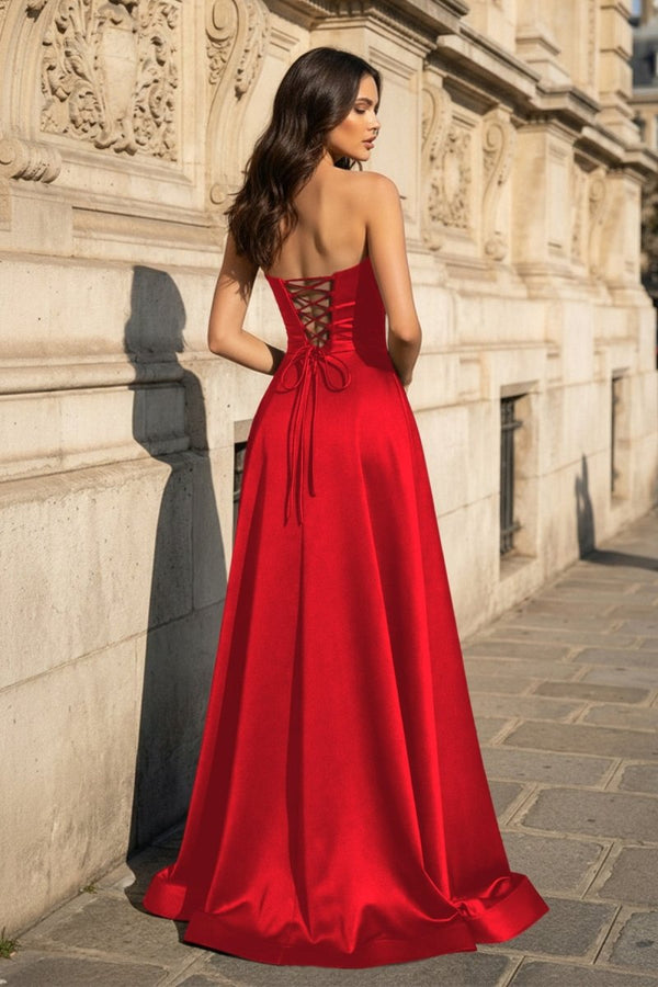 A Line Black Strapless Satin Prom Dresses With Slit – Prom Dress by KissProm | Available at KissProm