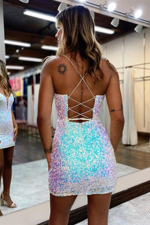 White Bodycon Deep V Neck Sequins Mini Party Dresses – Homecoming Dress by KissProm | Available at KissProm